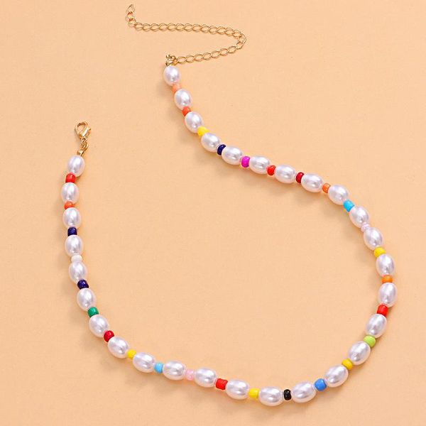 

chains bohemian stained glass rice bead necklace pearl women's short charm jewelry handmade christmas gift girl, Silver