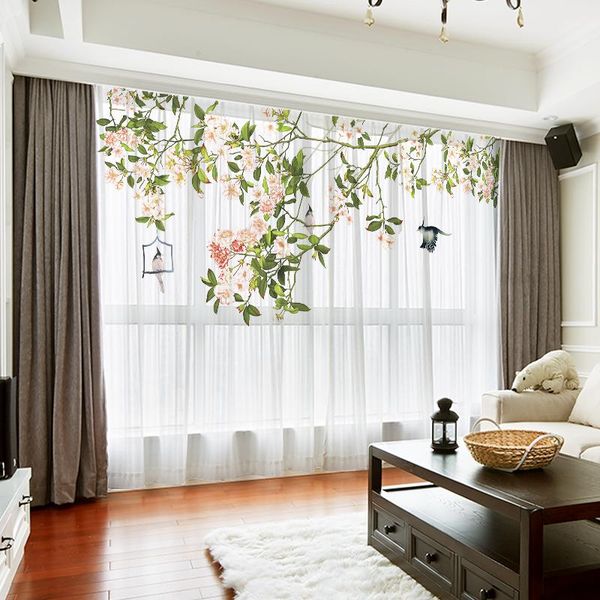 

curtain & drapes custom chiffon sheer window drape for bedroom living room floral blossom birds khaki gray brown pink blue