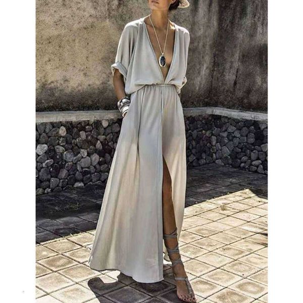 

fashion women's casual dresses mid sleeve slit long drs, Black;gray