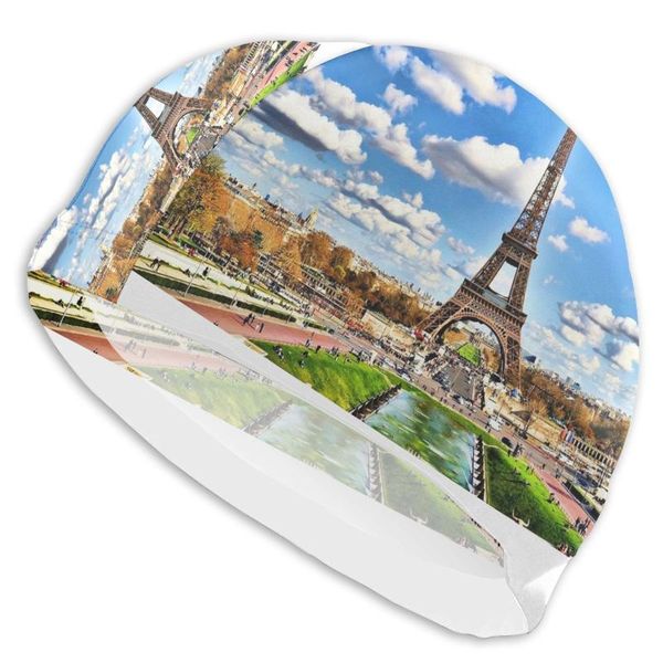 

wide brim hats eiffel paris night scene adults men/women high elastic waterproof pu fabric protect ears long hair swimming cap, Blue;gray