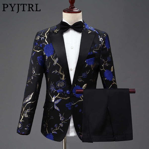 Pyjtrl Neues Design Herren Stylish Stickerei Royal Blue Green rotes Blumenmuster Anzüge Stage Sänger Hochzeitsbräutigam Smoking Kostüm X0909