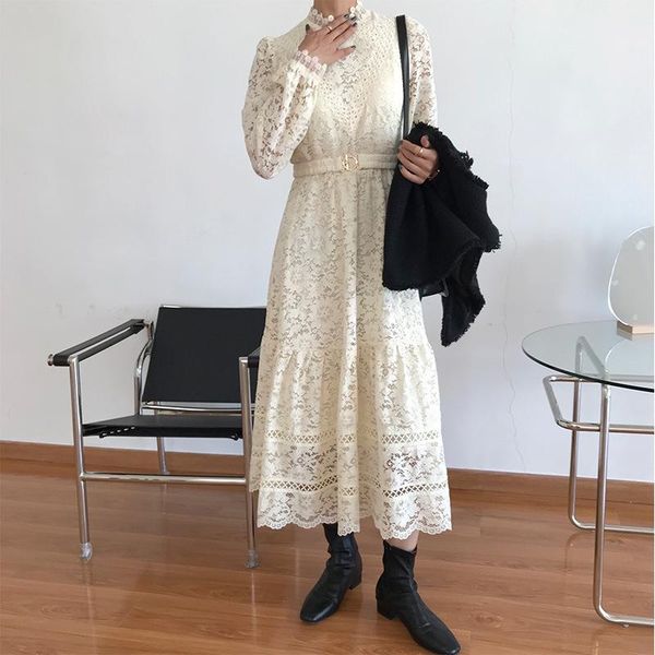 

autumn and winter 2021 style temperament design sense high waist slim long sleeve lace dress casual dresses, Black;gray