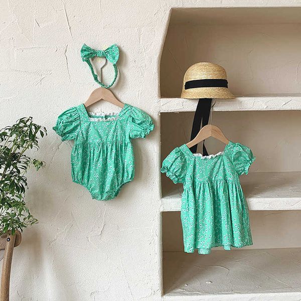 Baby Girls grüner koreanischer Strampler mit haarband geborener solider opperit twin outfits kinder kleid schwester passende kleidung 210615