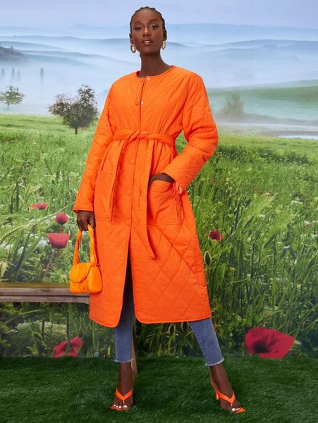 

newness neon orange button front belted quilted winter coat q2fl#, Black