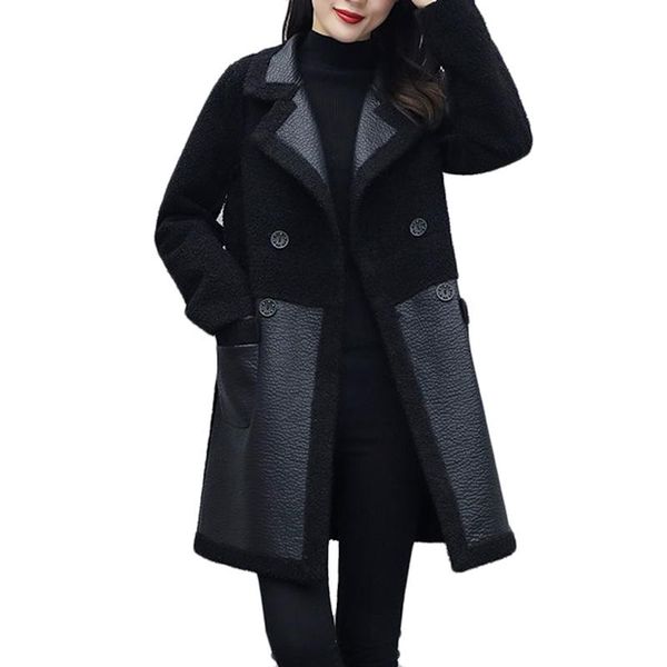 

women's leather & faux both sides wear casual outerwear autumn winter plus size overcoat loose velvet thick warm fur pu jacket, Black
