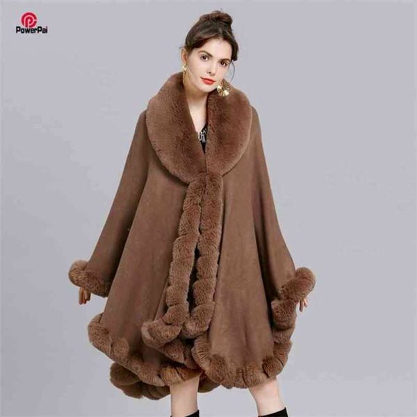 Elegante V Revers Rex Kaninchen Pelzmantel Cape Winter Frauen Große Lange Schal Volle Trim Faux Pelz Kaschmir Mantel Mantel parka 210925