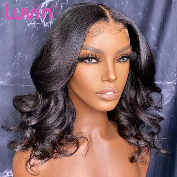 

luvin body wave short bob lace human hair wigs brazilian closure loose water wavy frontal wig plucked glueless for black woman, Black;brown