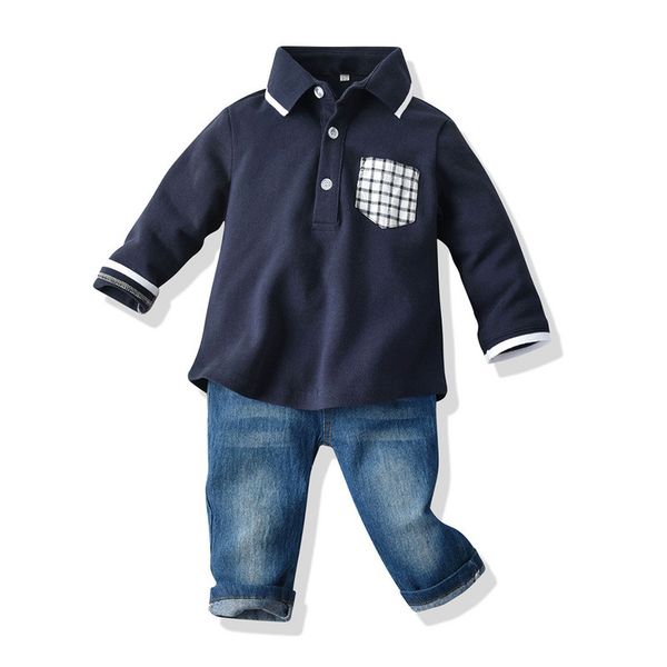 

autumn fashion boys' loose polo long sleeve t-shirt casual soft jeans two piece suit, Blue