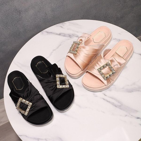 

slippers pleated soft leather thick women sandals for ladies cool 2021 party dancing shoes woman, Black