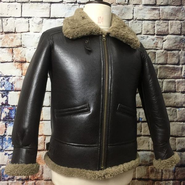 

men's leather & faux sheepskin fur mens casual brown genuine jacket men sherling coat large size 5xl, Black