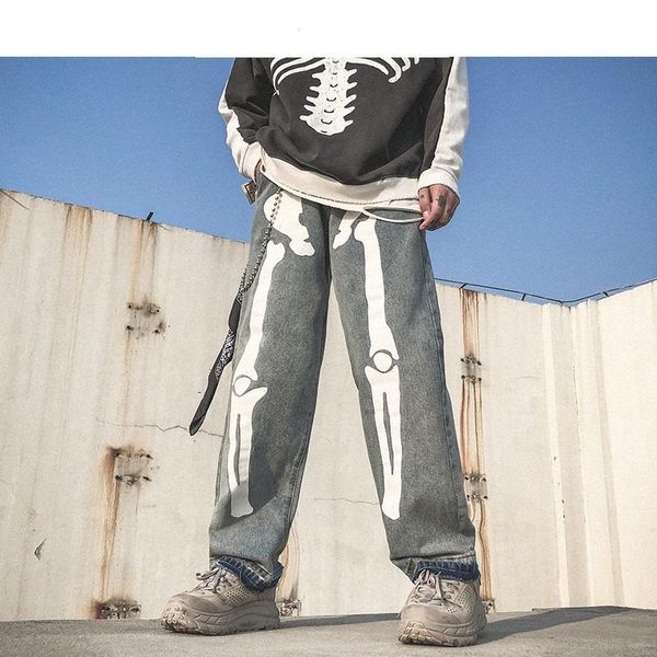 

men's jeans men skeleton oversized black pants 2021 denim mens streetwear hip hop harem high wasit overalls, Blue