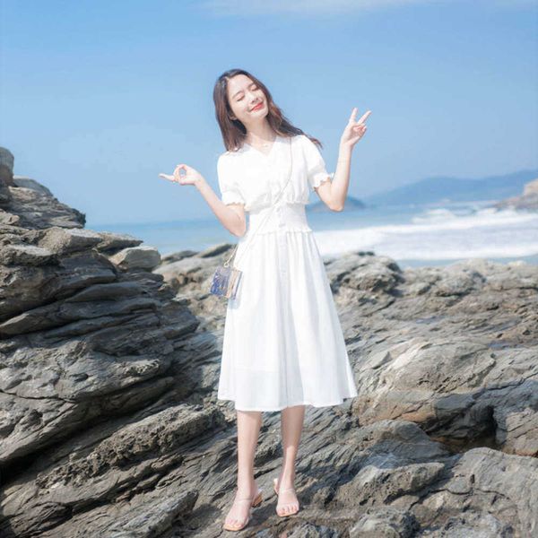 

knee summer casual dresses length french minority white fairy drs skirt, Black;gray