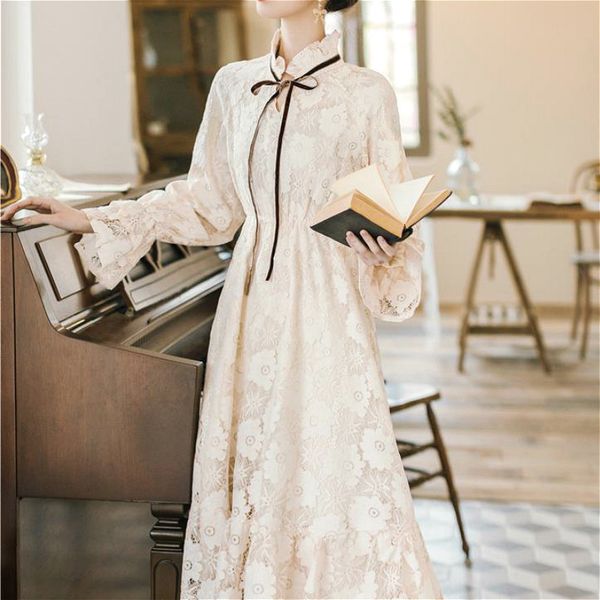 

casual dresses vintage women elegant fairy retro evening party lace female embroidery korean autumn 7v0p, Black;gray