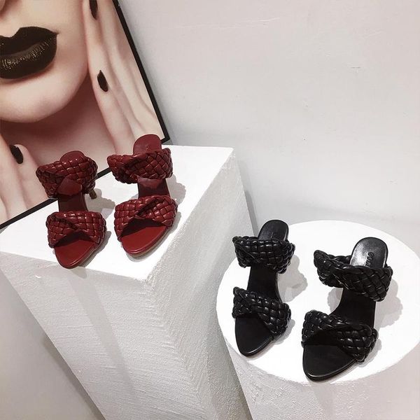 

women's shoes 35 to 42 size plus 2021 woven stiletto fish mouth high heel sandals, Black