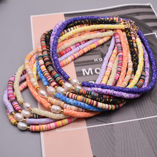 

chokers boho natural fresh water pearl necklace two color soft polymer clay beads choker beach femme jewelry gift, Golden;silver