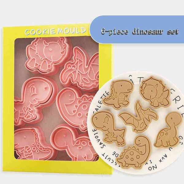 6 Teile/satz Dinosaurier Form Ausstechformen Kunststoff 3D Cartoon Pressbare Keksform Cookie Stempel Küche Backen Gebäck Backformen 211110