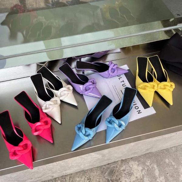 

pointed toe women slippers metal chain purple yellow white pink blue ladies slides slip on mules shoes low heel woman size 35-39, Black