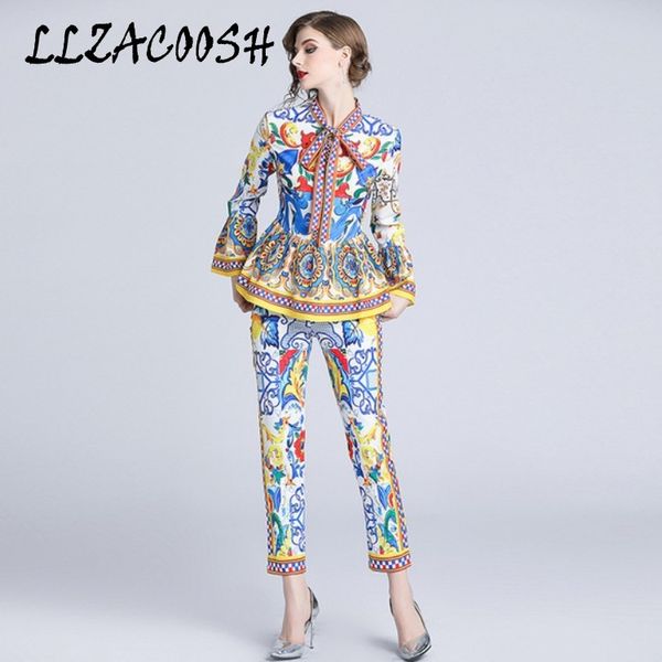 

fashion runway pants suit sets women's flare sleeve bow collar print blouses and casual pants two pieces set 210514, White