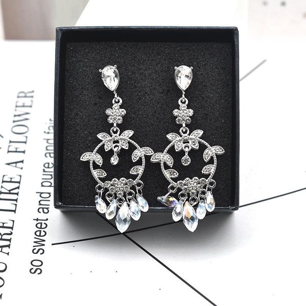 

dangle & chandelier women fashion statement vintage rhinestone flower big circle drop earrings for clear crystal tassel long pendientes brin, Silver
