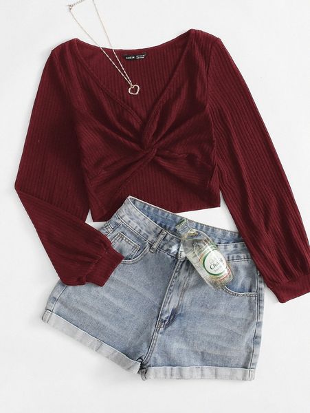 

twist front rib-knit solid v8jj#, White