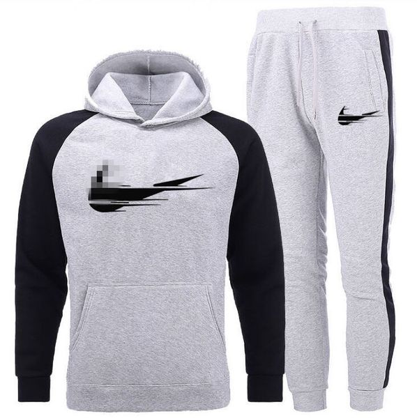 

tracksuit men fashion hoodies suits solid sets sweatshirts+sweatpants spring autumn fleece hooded pullover 2 pieces set, Gray