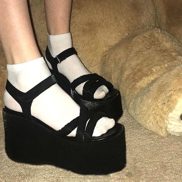 

sandals 2021 arrivals brand platform hook loop wedges thick bottom gothic women open toe gladiator cosplay punk shoes, Black