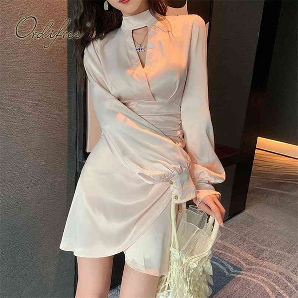 

spring summer women satin mini dress long sleeve draped shiny silk elegant lady short party 210513, Black;gray