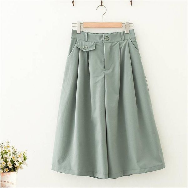 

women's pants & capris wide leg big pocket women loose pant button elastic high wais tbig skirts knee length casual female capri, Black;white