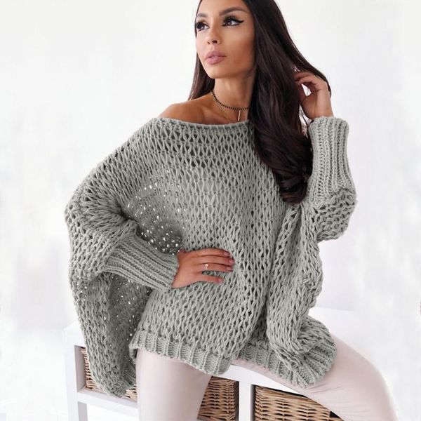 

women's sweaters 2021 winter thickness women style crocheted slash neck batwing sweater solid long sleeve warm loose knitted, White;black