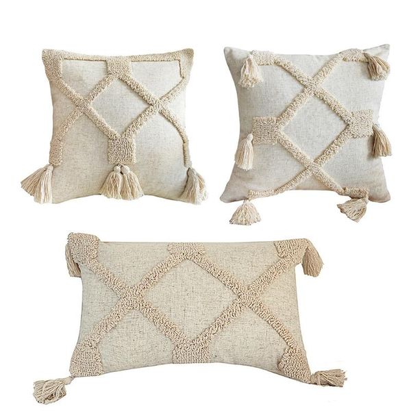 

pillow case throw morocco tribal tassel rhombus woven tufted sofa cushion cover
