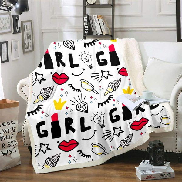 

Girly Lips Print Fleece Blanket, Kiss Marks Plush Bed Blanket Red Mouth Pattern Throw Blanket, Makeup Themed Flannel Throw Room