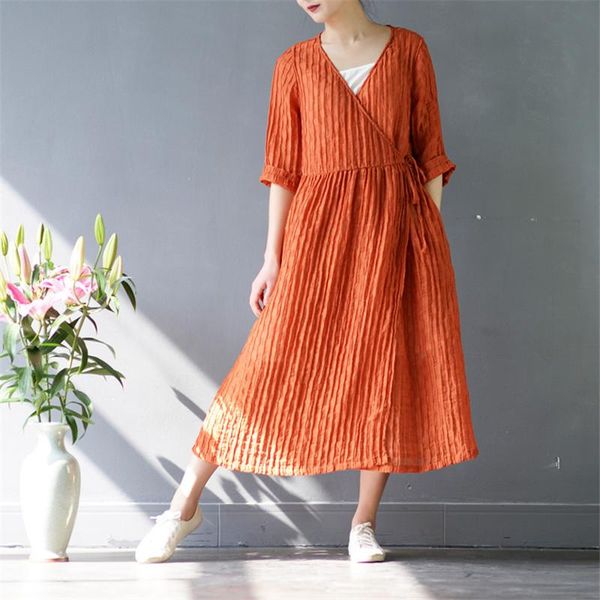 

casual dresses scuwlinen 2021 spring summer dress women solid vintage v-neck loose three quarter long linen for vestido s205, Black;gray