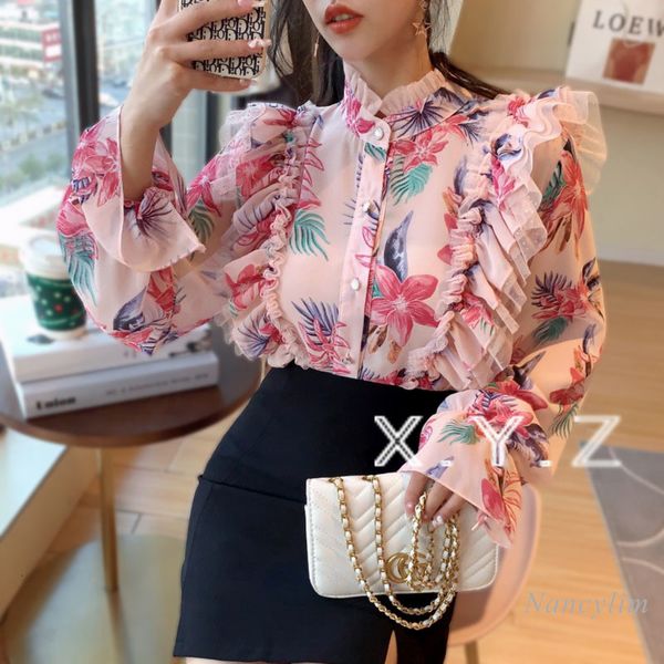 

blouses women's stand collar bell sleeve floral chiffon shirt sweet lotus leaf mesh stitching printing blouse lady all-match blusas top, White