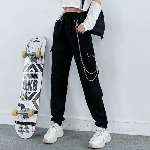 

men's pants 2021 women big pockets cargo pants high waist baggy tactical trouser loose streetwear hip hop joggers women 7s1h, Black