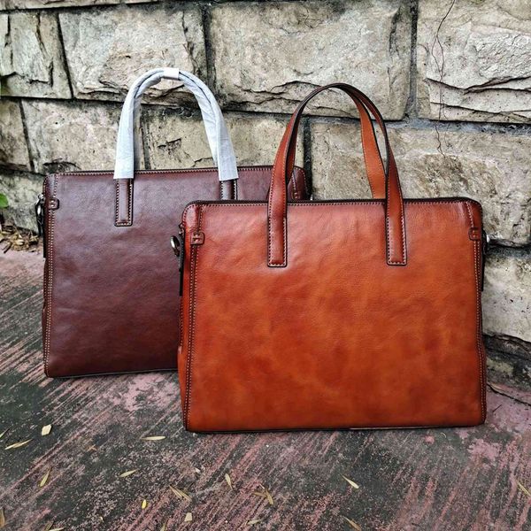 

leather men's briefcase busins leisure lapbag vegetable tanned high-capacity