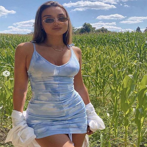 

casual dresses 2021 summer fashion tie-dye printed sling drawstring mini v-neck party clubwear spaghetti strap dress for women, Black;gray