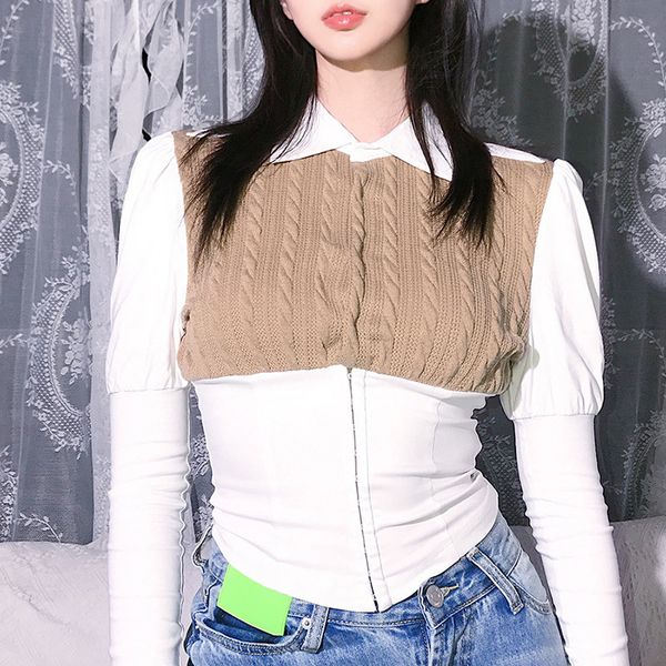 

vests autumn solid patchwork sweater fake two-piece women long sleeve slim shirt blouse female single-breasted lady office x5ot ky73, Black;white