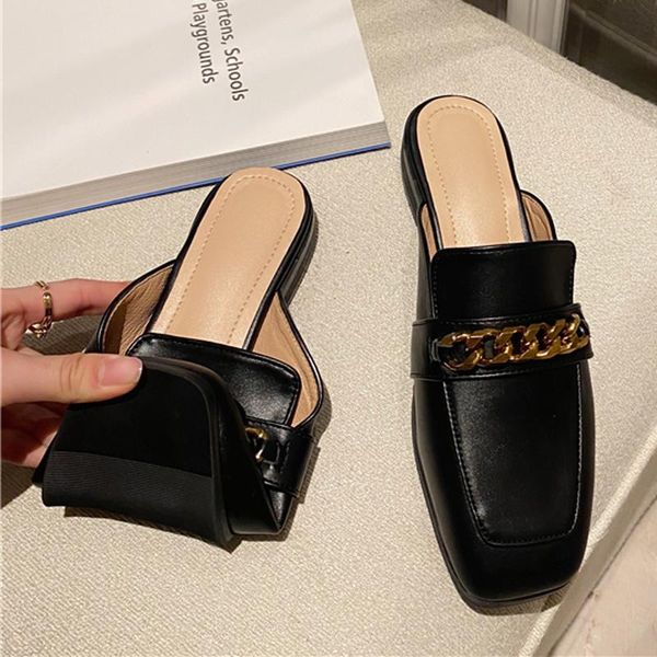 

spring women slippers fashion causal flat heel slides shoes casual slip on mules for woman chain flats, Black