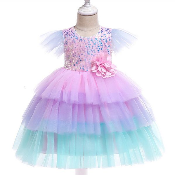 

girl's dresses sequins baby girl cake flower colorful tiered gauze flare sleeve princess for wedding party kids clothes 1-6y d0097 rvcd, Red;yellow
