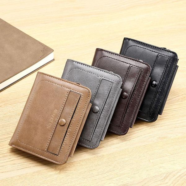 

wallets short men's retro tri-fold capacity zipper coin purse male buckle multi-card holder solid color clutch bag money clip, Red;black
