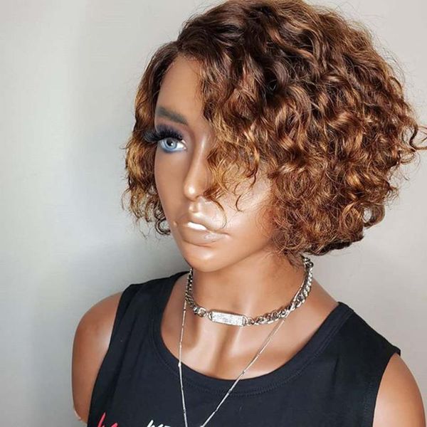 

lace wigs short curly ombre honey blonde 13x3 front 180 density glueless remy human hair for black women, Black;brown