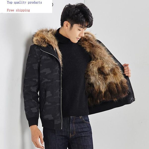 

men's leather & faux 2021 real fur coat men parka winter jacket for natural raccoon liner short mens parkas 19883 kj3451, Black