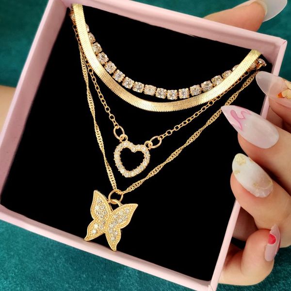 

chains vintage multi-layer pendant crystal butterfly heart necklace for women golden tennis chain snake choker necklaces jewelry, Silver