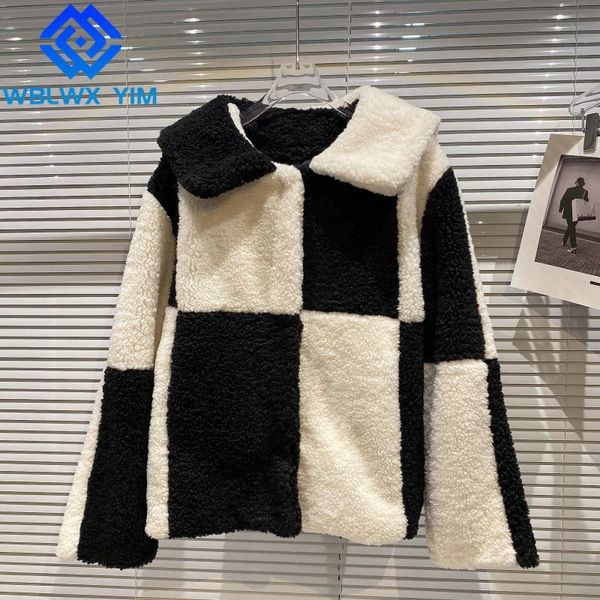 

women's fur & faux lamb jacket women fashion patchwork lapel short teddy coat thick warm overcoat loose female winter coats, Black