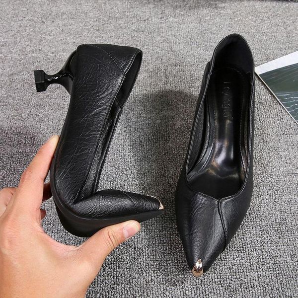 

dress shoes pointed toe pumps women genuine leather black ol lady low heels slip on 2021 autumn female