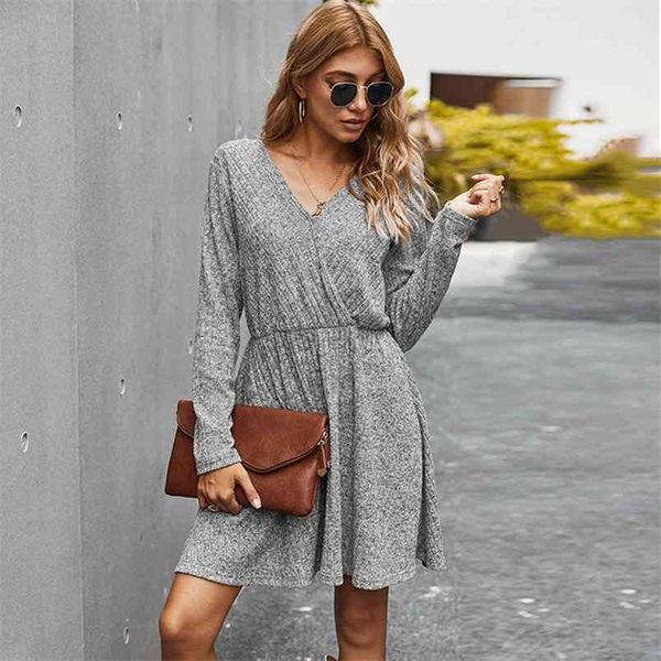

women v neck knitted dress autumn winter elastic high waist office lady short es casual long sleeve solid a-line 210522, Black;gray