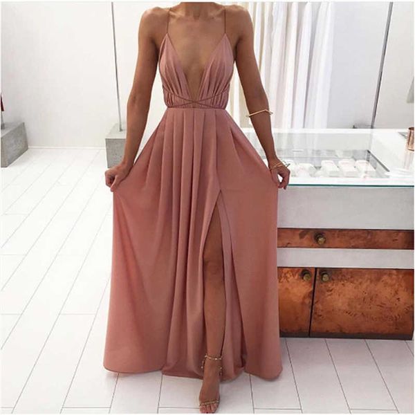 Verão Maxi Dress Mulheres Cor Sólida Sexy Profunda Pescoço V-Neck sem Mangas Spaghetti Strap Backless High Split Split Longo Sundress Vestidos Y0603