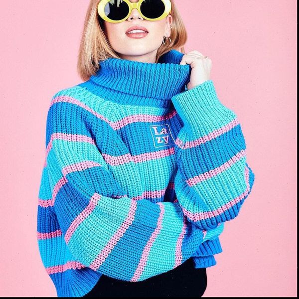 

ulzzang lazy wind letter womens sweaters embroidery color matching striped high collar sweater harajuku clothing for women, White;black