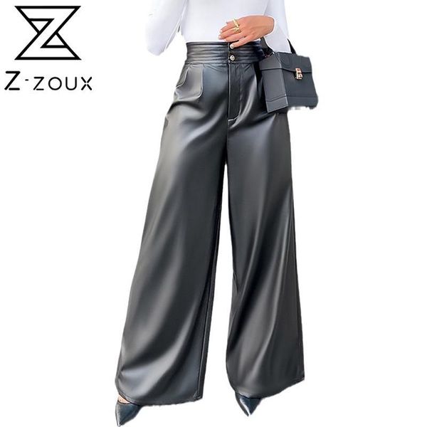 Женские брюки Capris Высокие талии PU кожаные брюки черные широкие ноги свободные длинные дамы 210524