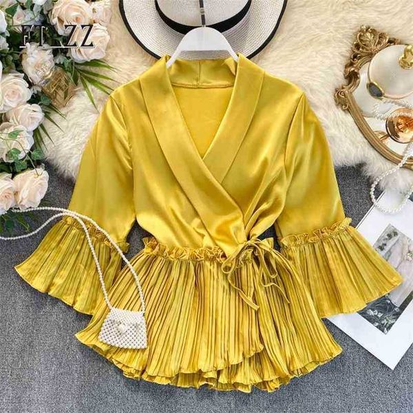 

fashion women v-neck blouse spring 3/4 sleeve trumpet patchwork pleated ruffle ladies elegant korean shirts mujer 210525, White